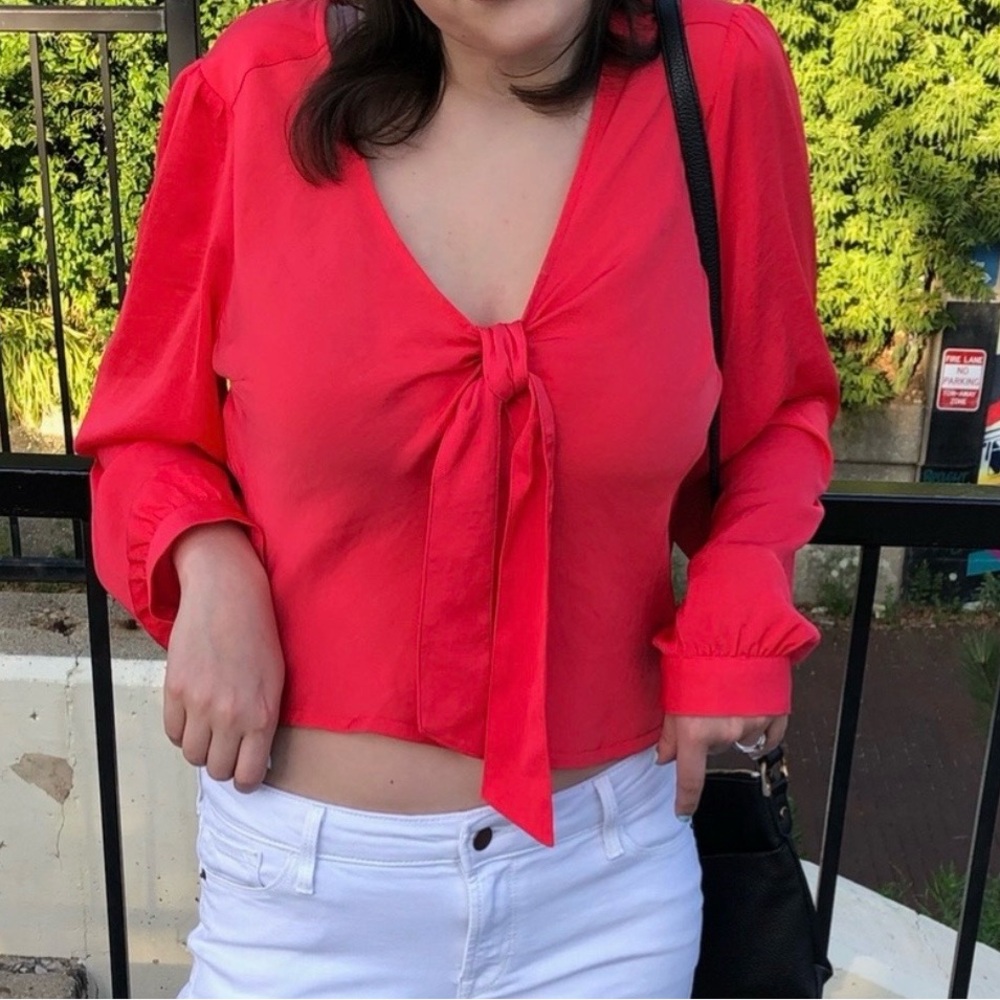 Express Coral Tie-Front Blouse in Bright Coral - Picture 4 of 6